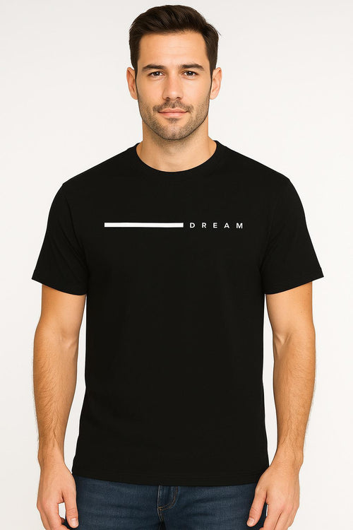 Man wearing a black t-shirt with 'DREAM' printed on it against a white background