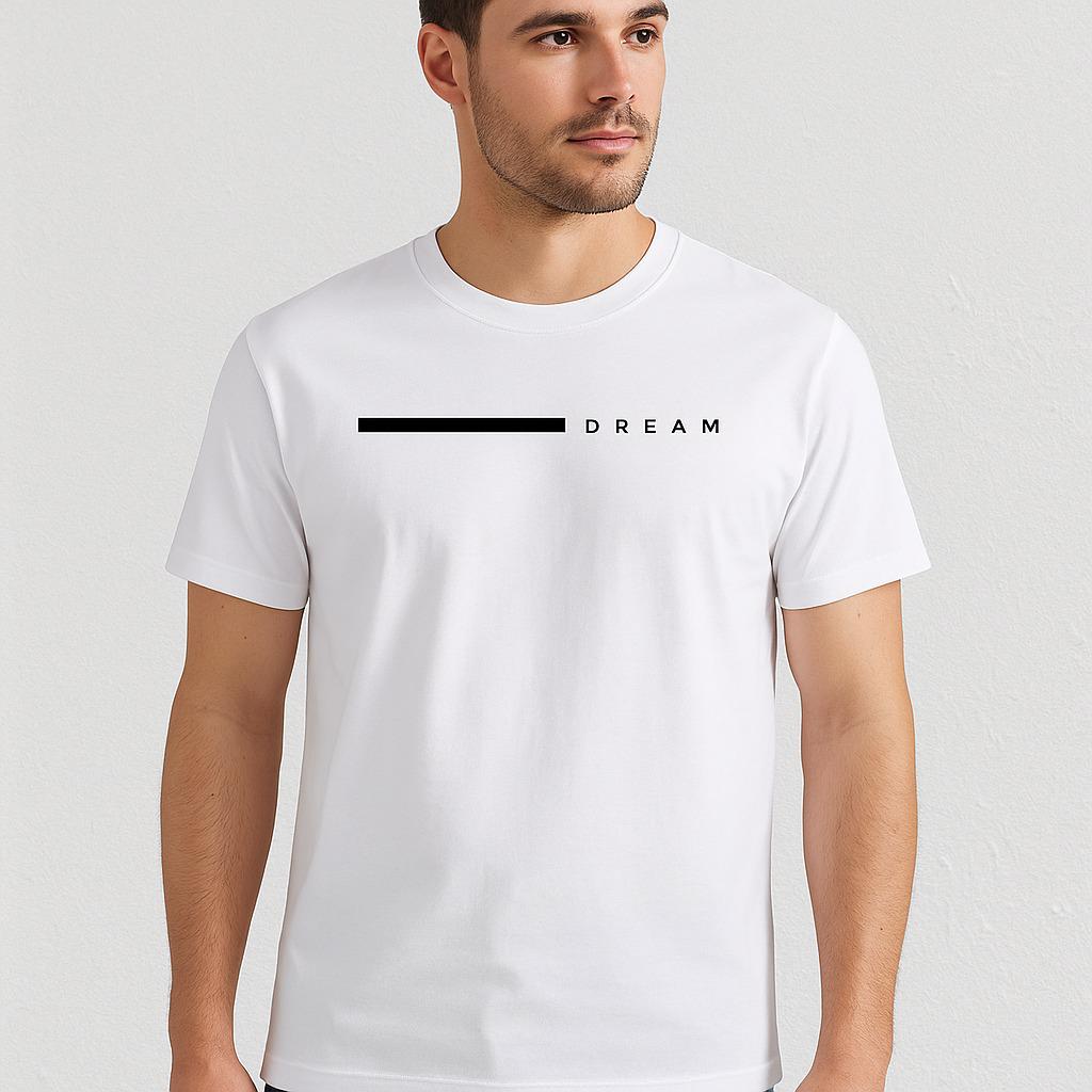 Man wearing a white t-shirt with 'DREAM' printed on it against a plain background