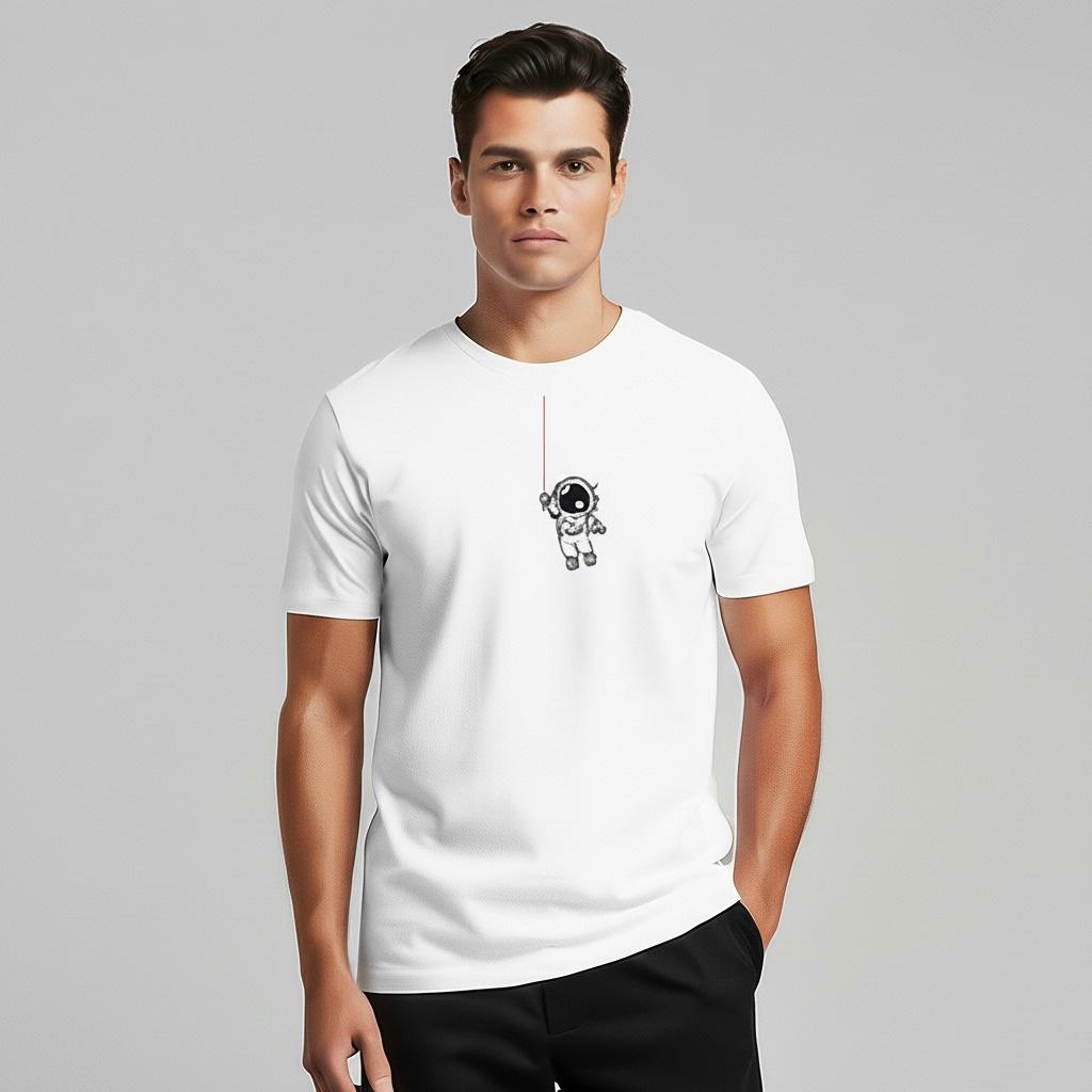 Man wearing a white t-shirt with an astronaut graphic on a gray background